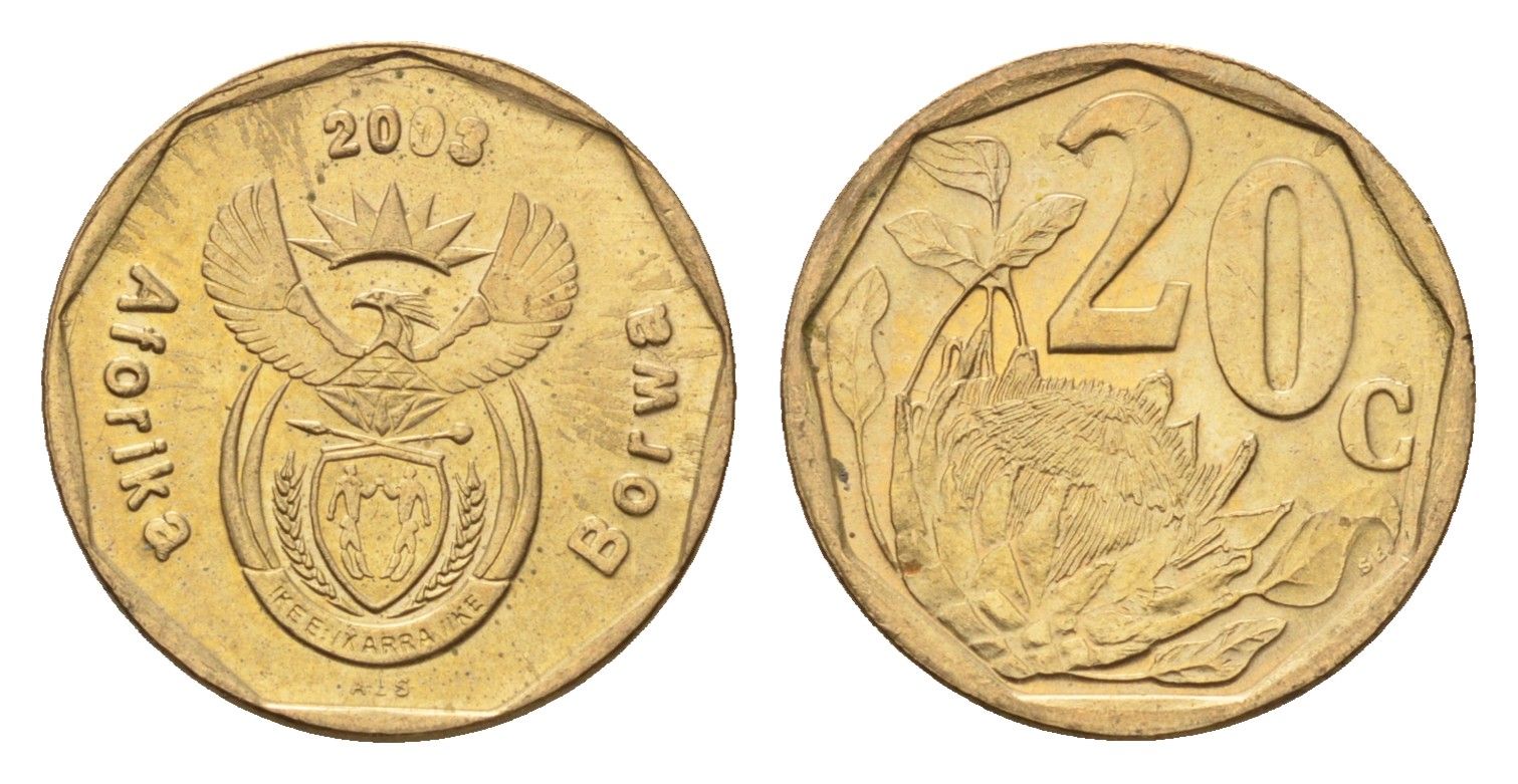 ЮАР 20 центов 2003 герб, цветок протея KM 327 сталь плакированная бронзой UNC 4687-553