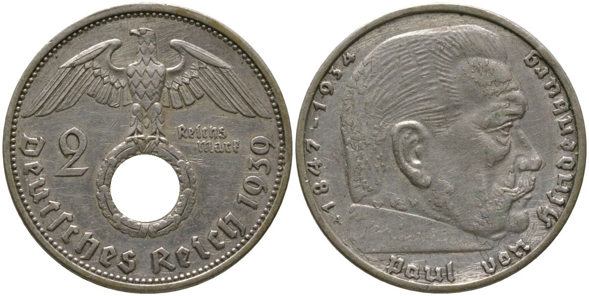 Германия 2 рейхсмарки 1939 A, Гинденбург, символика KM 93 серебро 4571-315