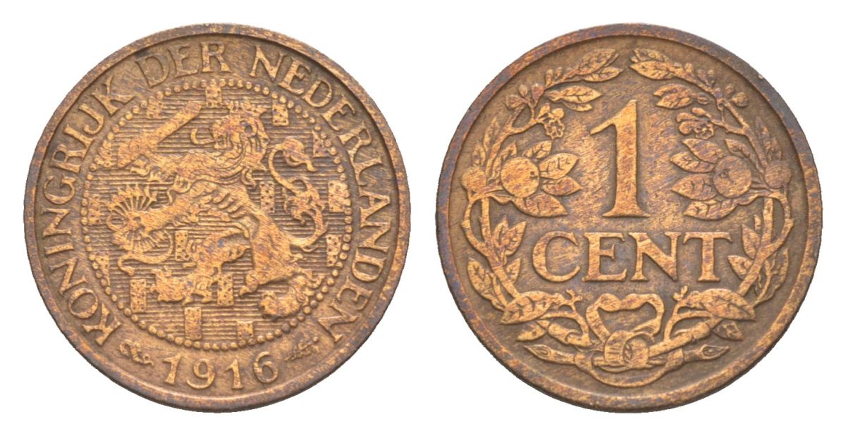 Нидерланды 1 цент 1916 Вильгельмина (1890-1948) KM 152 бронза 75-111