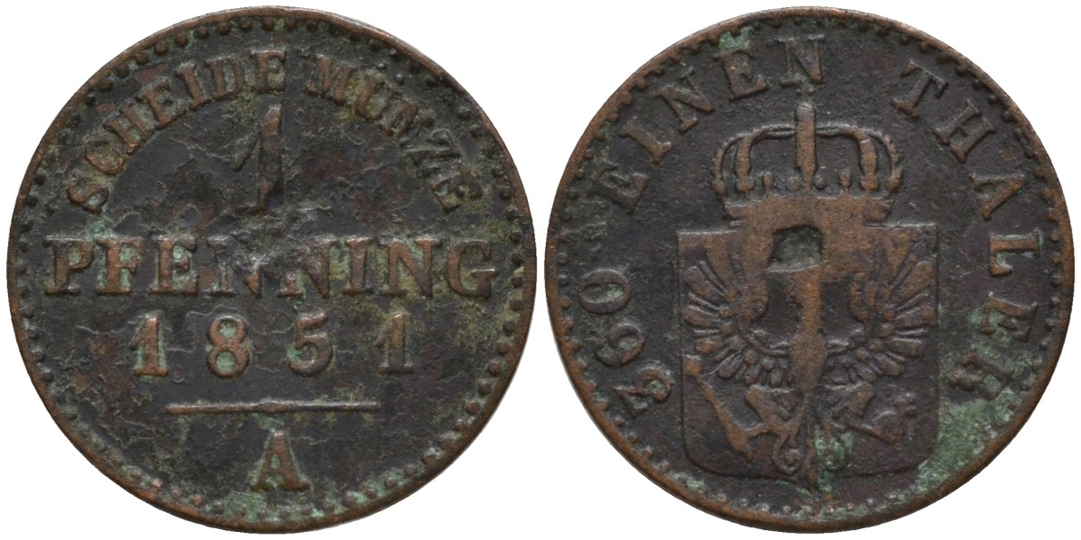 Пруссия 1 пфенниг 1851 A, Фридрих Вильгельм IV (1840-1861) KM 451 медь 4549-732