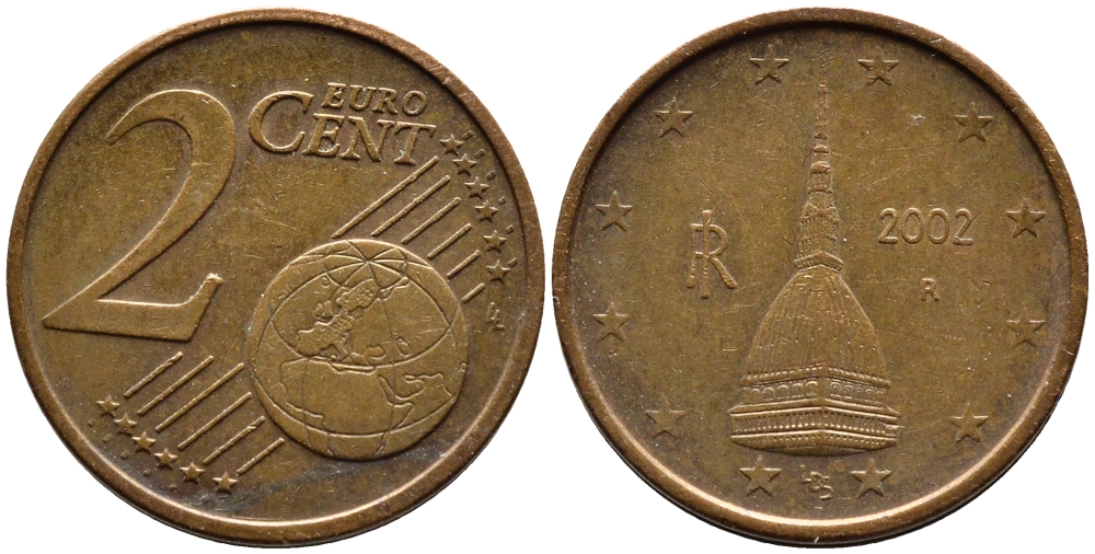 Италия 2 евроцента 2002 KM 211 сталь плакированная медью 4609-745