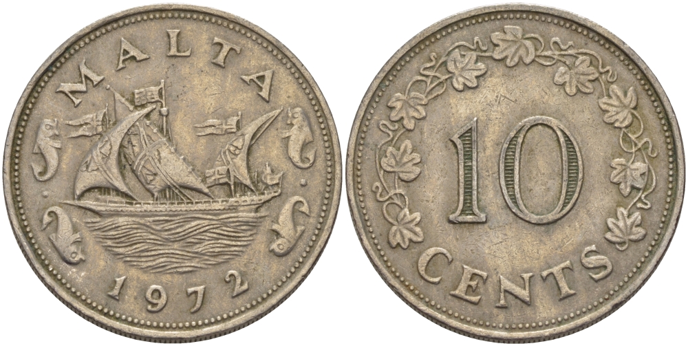 Мальта 10 центов 1972 баржа Великого магистра KM 11 медно-никель 82-435