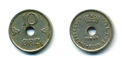 НОРВЕГИЯ 10 ЭРЕ 1947 KM 383 медно-никель 04-1051