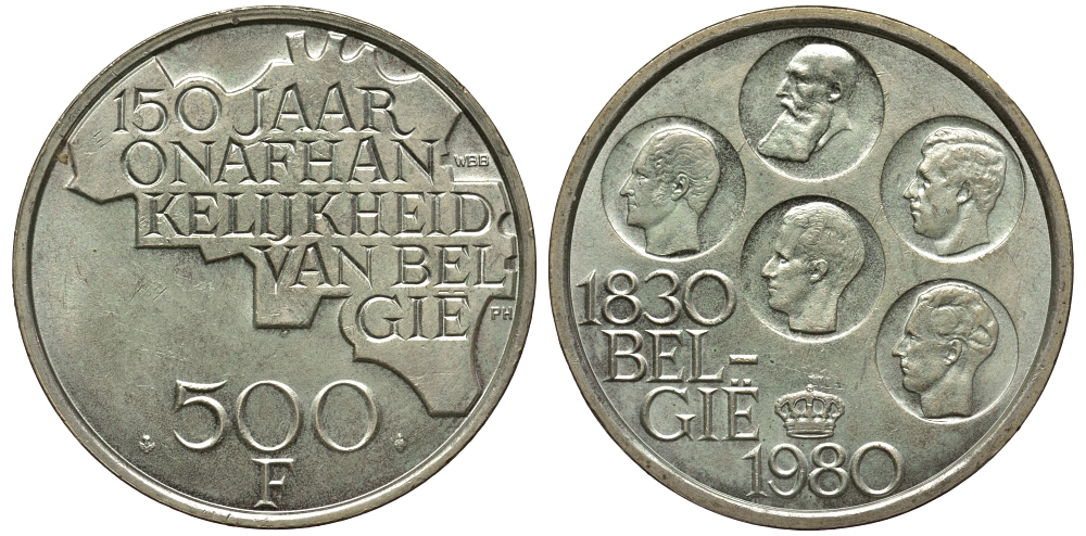 Бельгия 500 франков 1980 150 лет независимости, Belgie, Бодуэн I (1951-1993) KM 162 медно-никель покрытый серебром UNC 443-111