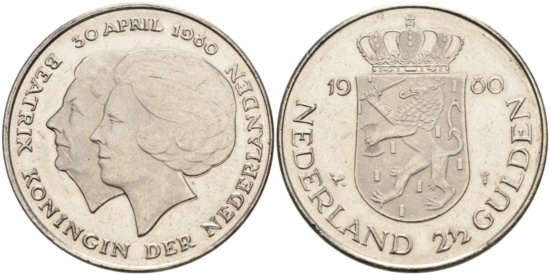 Нидерланды 2 1/2 гульдена 1980 коронация Беатрикс, 30 апреля 1980 KM 201 никель 189-435