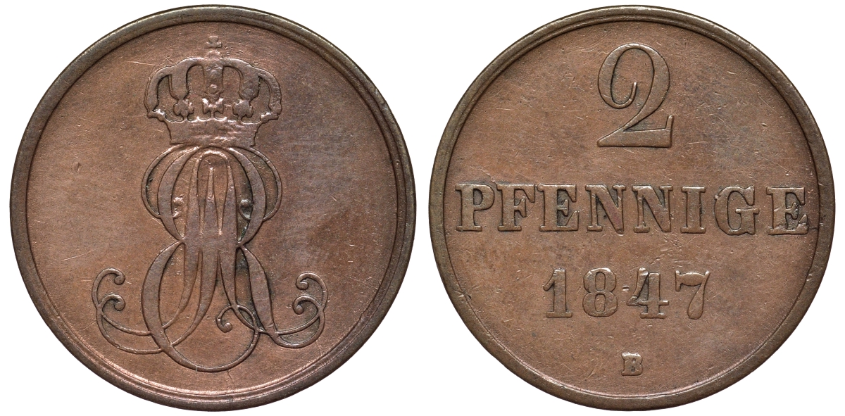 Ганновер 2 пфеннига 1847 B, Эрнст Август (1837-1851) KM 202.1, AKS 124, J. 75 медь 75-1844
