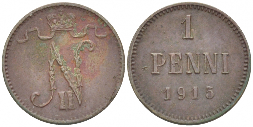 РОССИЯ ДЛЯ ФИНЛЯНДИИ 1 ПЕННИ 1915 НИКОЛАЙ II KM 13, Биткин 475 медь 261-1132