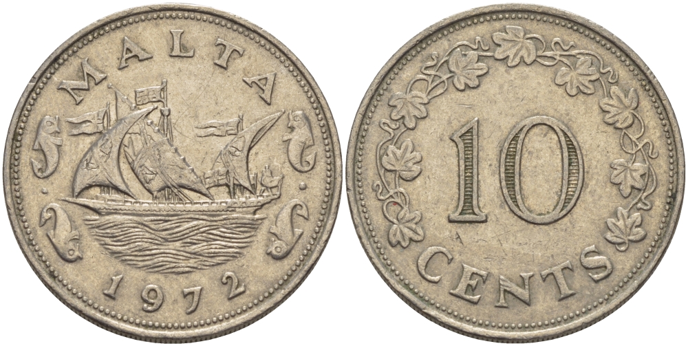 Мальта 10 центов 1972 баржа Великого магистра KM 11 медно-никель 82-544