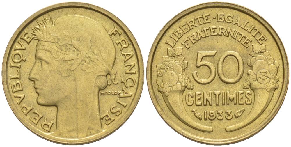 ФРАНЦИЯ 50 САНТИМОВ 1933 ТИП MORLON, OPEN 9, БЕЗ ЯГОДЫ KM 894.1, LE FRANC 192.10 алюминиевая бронза 44-735
