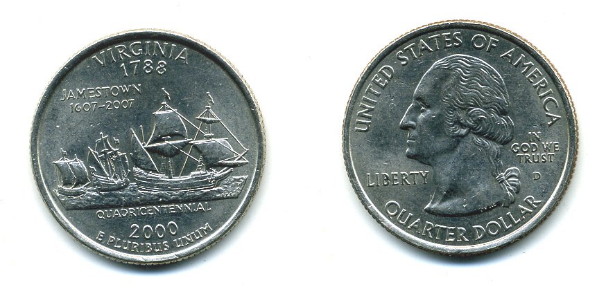 США 25 центов = квотер 2000 D, серия штаты США, Вирджиния KM 309медь плакированная медно-никелем 46-1341