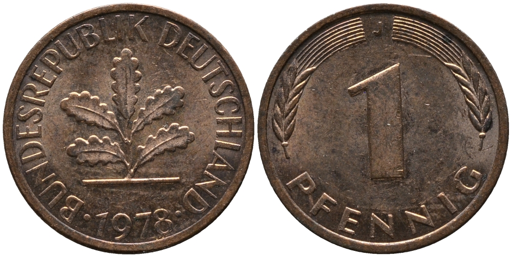 ФРГ 1 пфенниг 1978 J KM 105, J.380 сталь плакированная медью 99-342