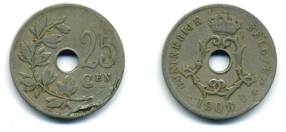 БЕЛЬГИЯ 25 САНТИМОВ 1908 BELGIE KM 63 медно-никель 86-1655