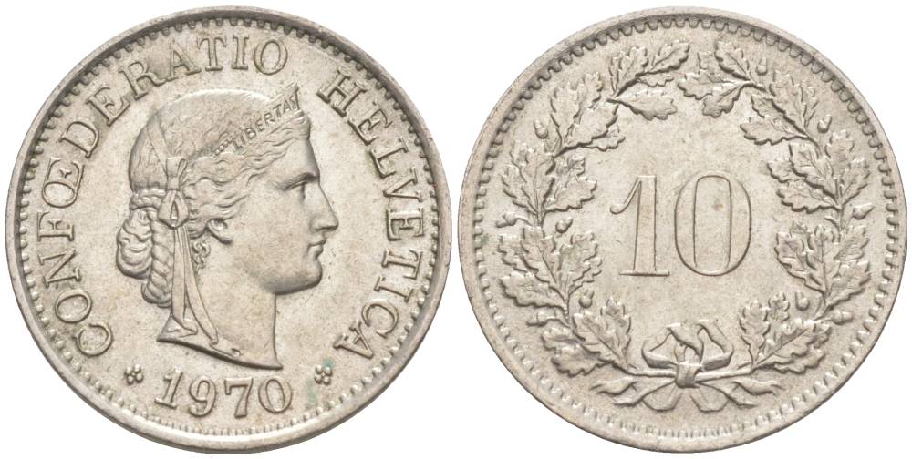 Швейцария 10 раппенов 1970 KM 27 медно-никель 55-425