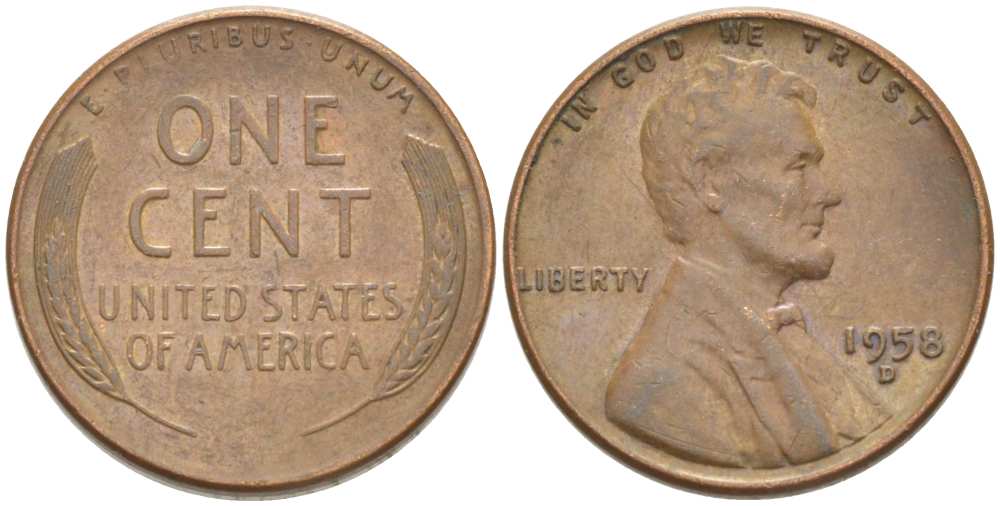 США 1 ЦЕНТ 1958 D, ЛИНКОЛЬН KM А132 медь цинк 3309-1228