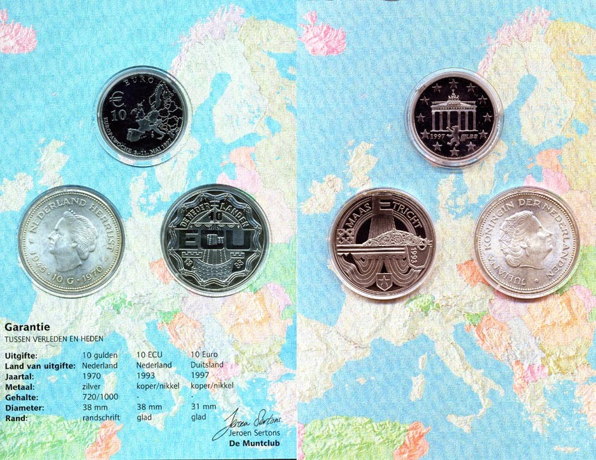 Нидерланды набор из 3 монет 1970-1997 10 гульденов 1970, 10 экю 1993, 10 евро 1997, буклет, сертификат KM 195,  серебр, медно-никель    7-6-1-24