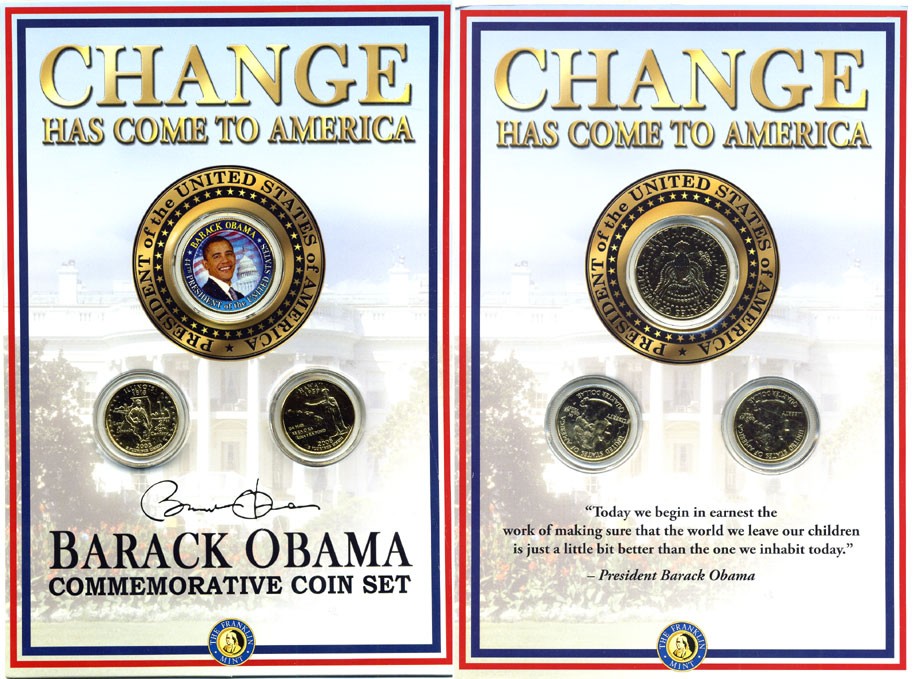 США набор из 3 монет 2003-2008 1/2 доллара (50 центов) - Барак Обама, 25 центов Иллинойс и 25 центов Гаваи. В оригинальном буклете, позолота, цветная эмаль, сертификат  медно-никель  UNC  7-6-1-02