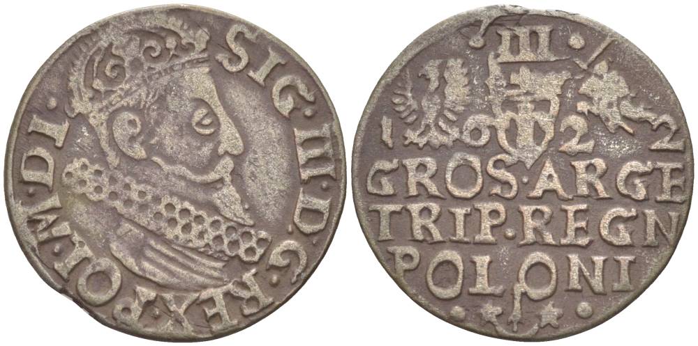 Польша 3 гроша (трояк) 1622 Сигизмунд III Ваза (1587-1632), великий подскарбий Миколай Данилович (1616-1623), герб САС, вес 1,73 гр. KM 31, Gumowski 1138 серебро 1517-943
