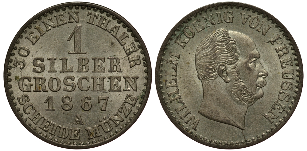ПРУССИЯ 1 ЗИЛЬБЕРГРОШ 1867 A KM 485 серебро 00-00