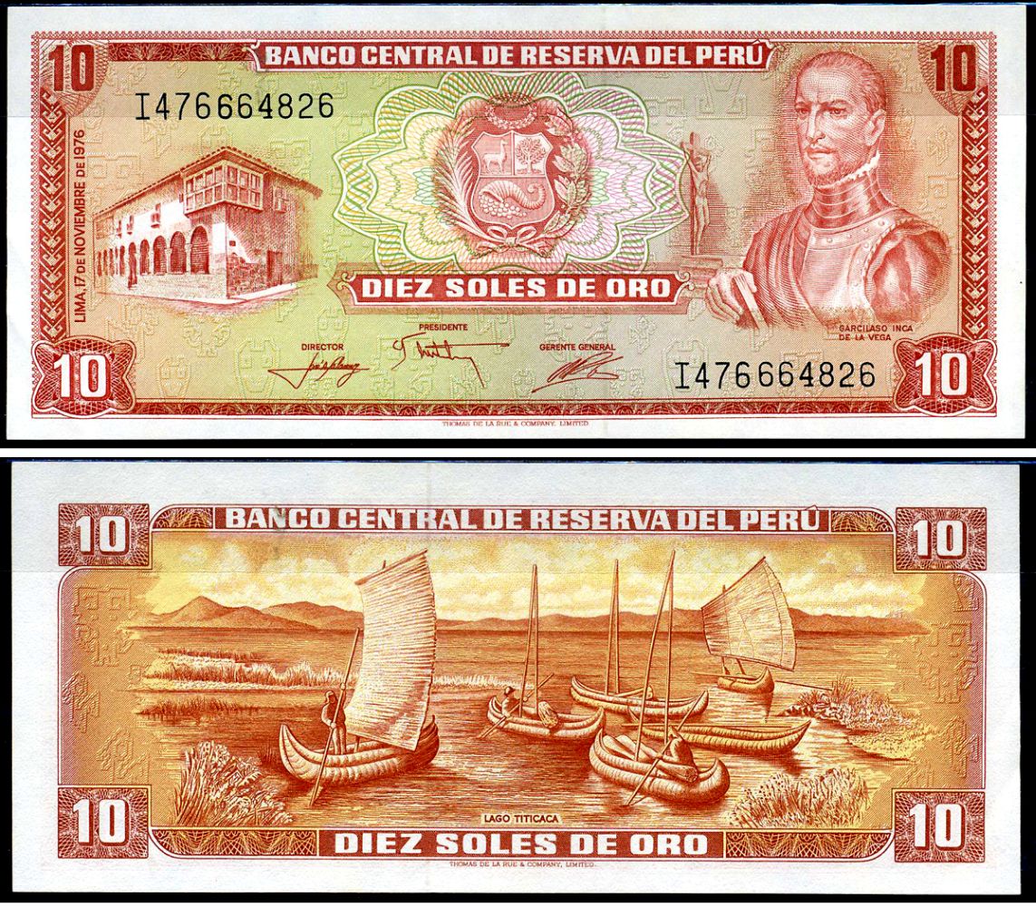 Перу 10 солей 1976 Инка Гарсиласо де ла Вега, озеро Титикака Pick 112 бумага UNC (пресс) 7183-37-3-2