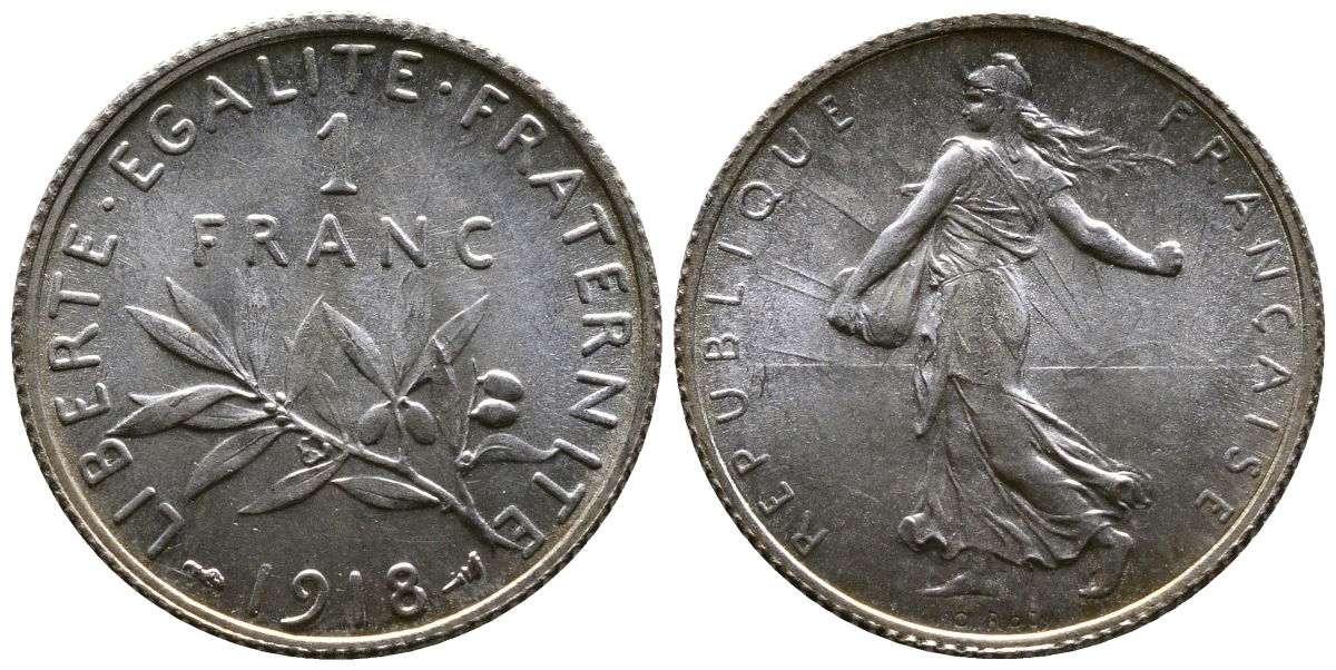 Франция 1 франк 1918 сеятель KM 844.1, Le Franc 217.24 серебро UNC 259-721