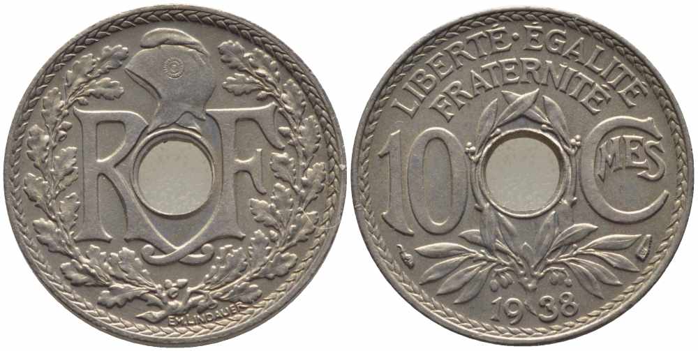 ФРАНЦИЯ 10 САНТИМОВ 1938 ТИП ЛИНДАЙЁ KM 866а, LE FRANC 138.25 медно-никель 108-235
