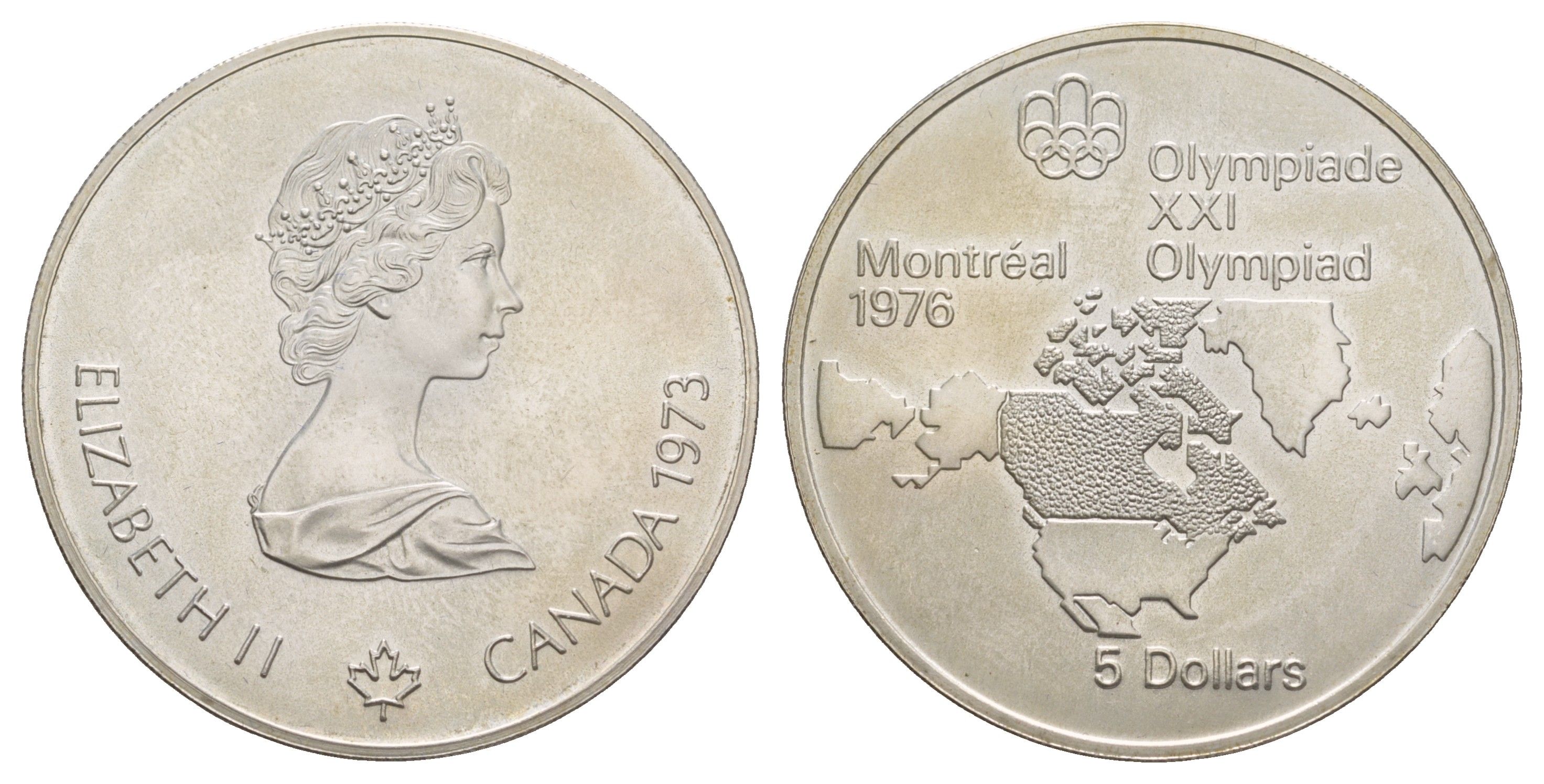 Канада 5 долларов 1973 XXI летние Олимпийские Игры, Монреаль 1976 - Карта Канады KM 85 серебро BU 413-4444