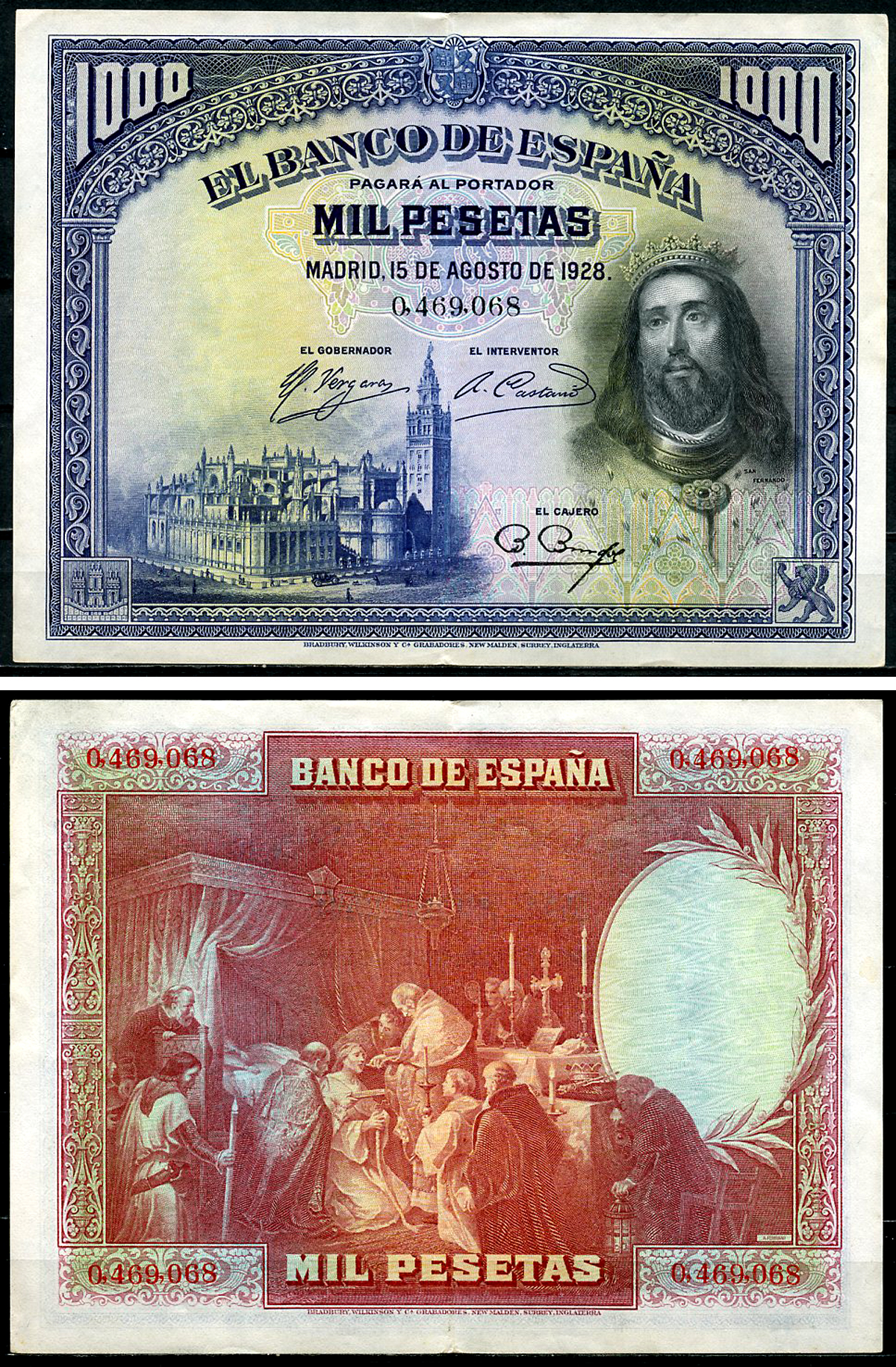 Испания 1000 песет 1928 Король Кастилии и Леона Фернандо I, кафедральный собор Севильи Pick 78 а  бумага   451-1245-2