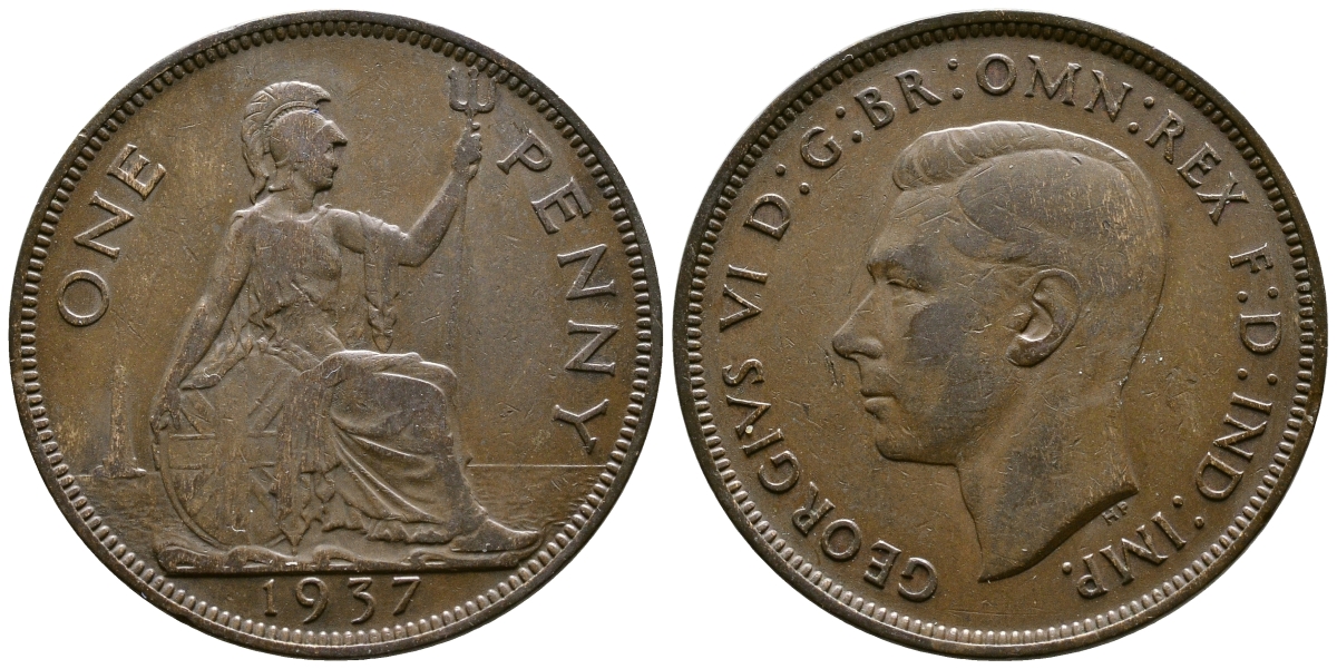 Великобритания 1 пенни 1937 Георг VI (1936-1952) KM 845, Spink 4114 бронза 73-924