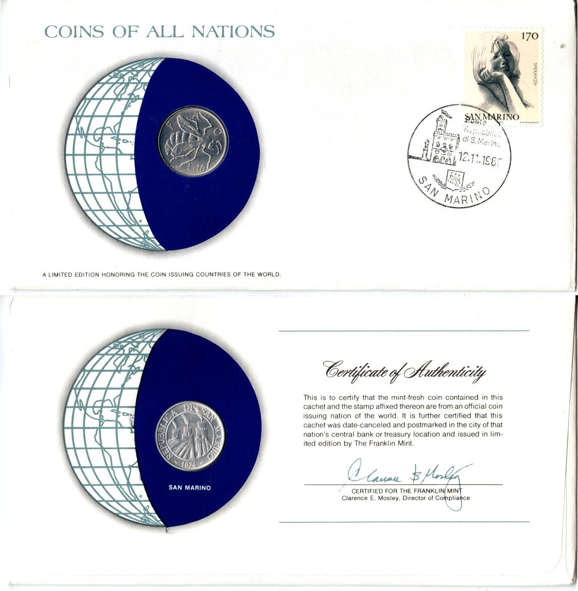 Сан-Марино 10 лир 1974 конверт с маркой первого дня гашения, Coins of Nations KM 33 алюминий UNC 4294-62-3