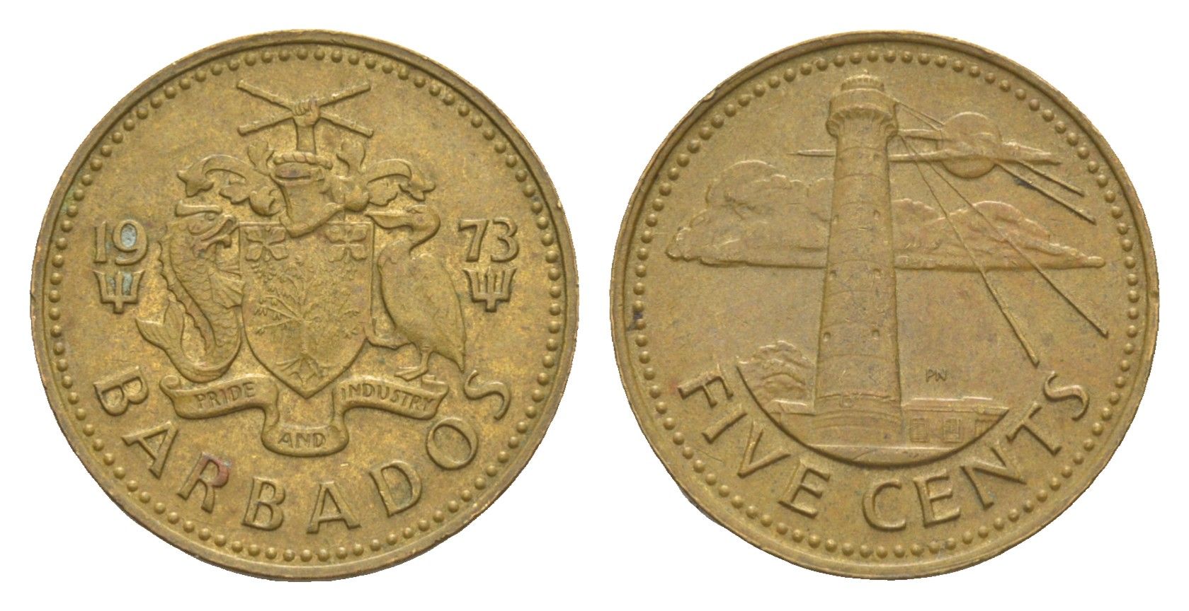 Барбадос 5 центов 1973 маяк Саут-Пойнт KM 11 латунь 4649-619