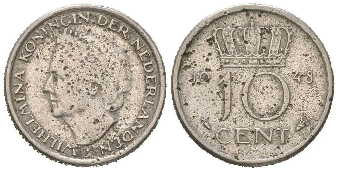 Нидерланды 10 центов 1948 Вильгельмина (1895-1948) KM 177 никель 4174-931