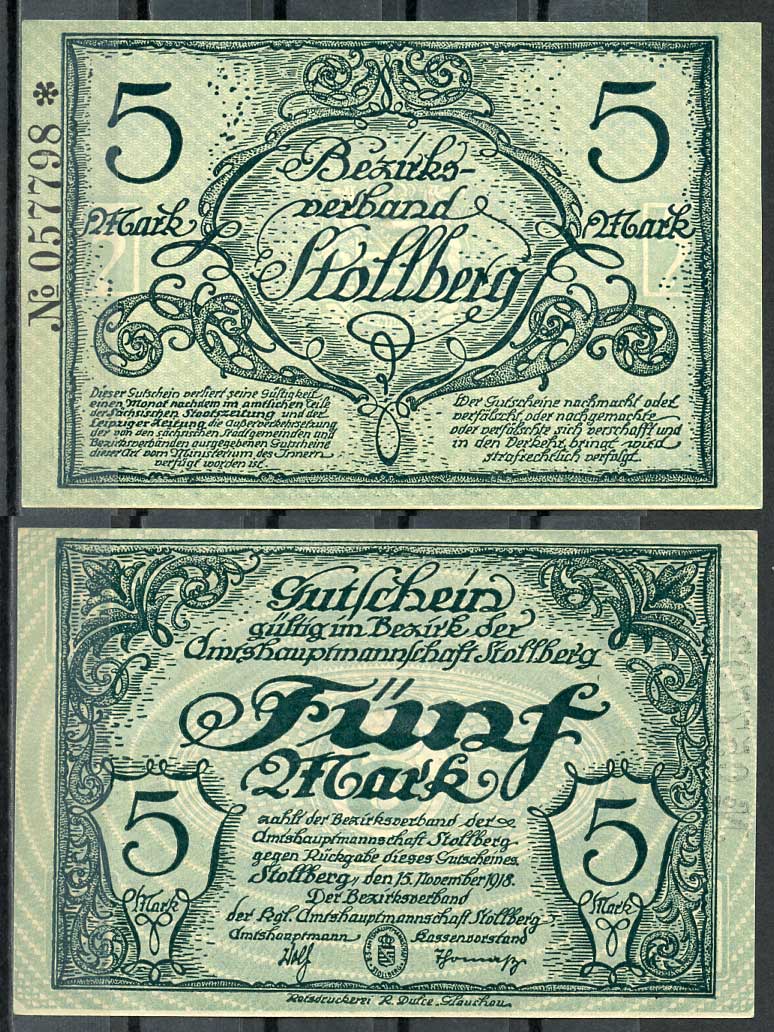 Германия, Штольберг 5 марок 1918 нотгельд, 15.11.1918, цифры черные, крупные Geiger 511.01  бумага  UNC (пресс) 444-114-2-1