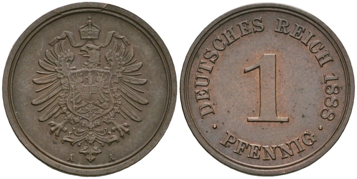 Германия 1 пфенниг 1888 A, Вильгельм I (1871-1888) KM 1, J. 1 медь 4608-544