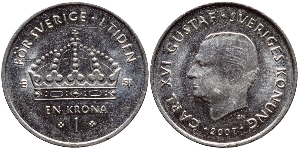 Швеция 1 крона 2007 Карл XVI Густав (1973- ) KM 894 медно-никель 176-337