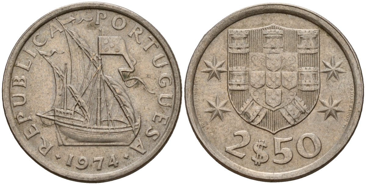 Португалия 2,5 эскудо 1974 парусник KM 590 медно-никель 4189-845