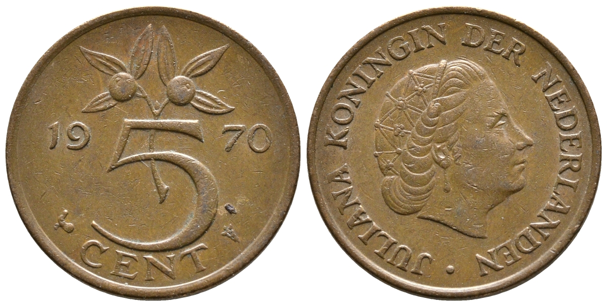 НИДЕРЛАНДЫ 5 ЦЕНТОВ 1970 ЮЛИАНА KM 181 бронза 3999-243