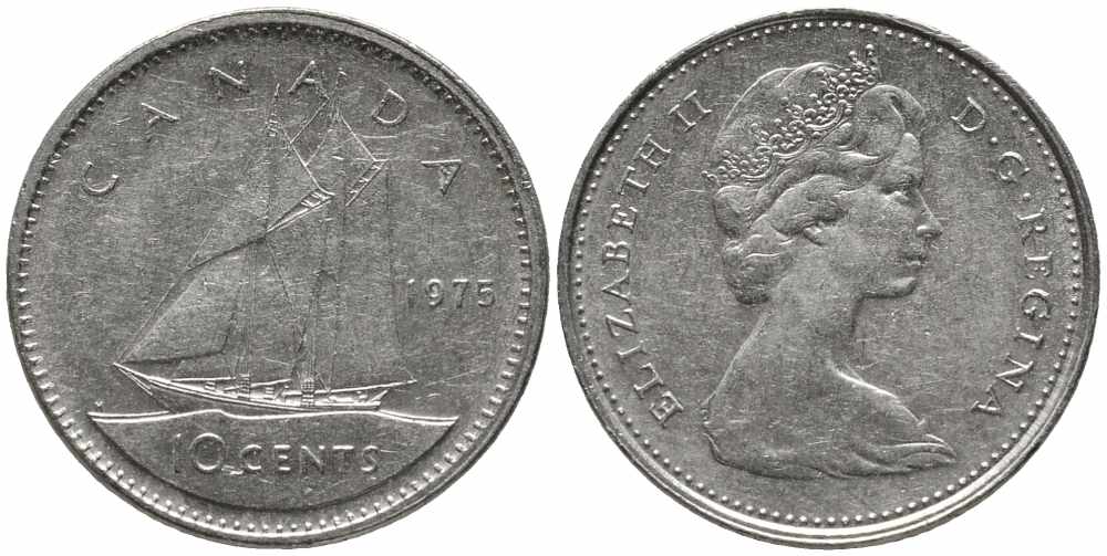Канада 10 центов 1975 Елизавета II (1952-2022), парусник KM 77.1 никель 112-434