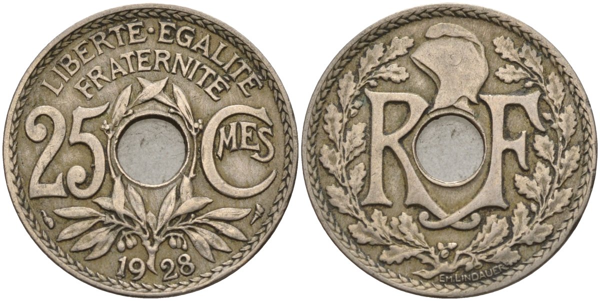Франция 25 сантимов 1928 KM 867a, Le Franc 171.7 медно-никель 4143-432