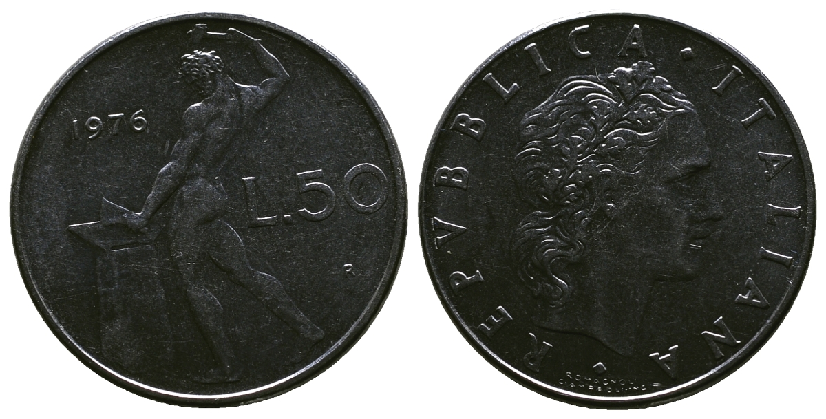 ИТАЛИЯ 50 ЛИР 1976 R, КУЗНЕЦ KM 95.1 нержавеющая сталь 4384-1121