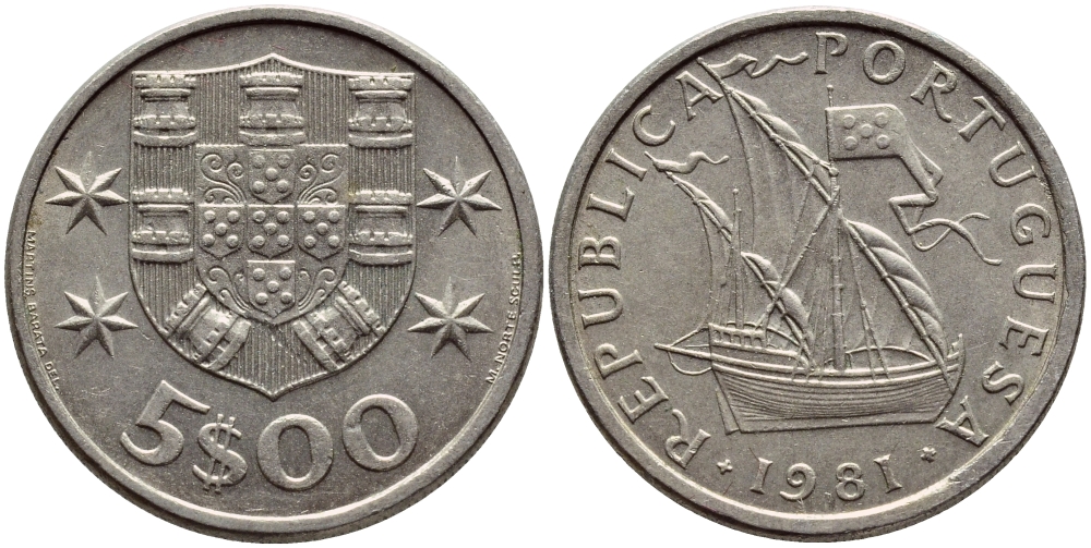 ПОРТУГАЛИЯ 5 ЭСКУДО 1981 ПАРУСНИК KM 591 медно-никель 4395-915