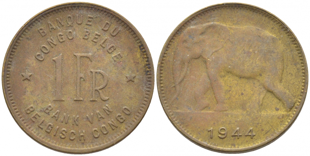 Бельгийское Конго 1 франк 1944 слон, Леопольд III KM 26 латунь 112-215
