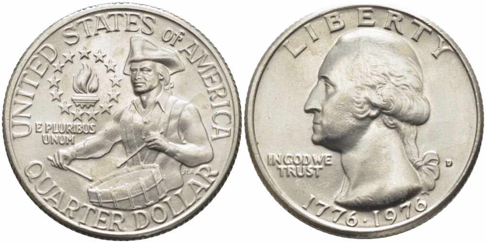 США 25 центов = квотер 1976 D, 200 лет независимости (1776-1976), Вашингтон, барабанщик KM 204 медь плакированная медно-никелем 65-731