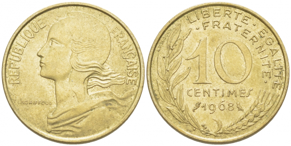 ФРАНЦИЯ 10 САНТИМОВ 1968 ТИП MARIANNE KM 929, LE FRANC 144.8 алюминиевая бронза 4516-841