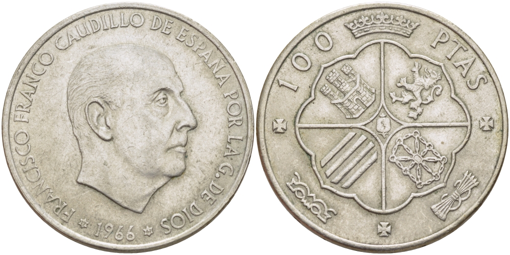 Испания 100 песет 1966 (67) Франсиско Франко (1939-1975) KM 797 серебро 1521-1034