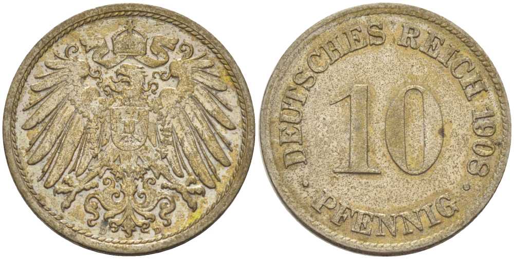 ГЕРМАНИЯ 10 ПФЕННИГОВ 1908 D KM 12, J. 13, Weege 8 медно-никель 212-117