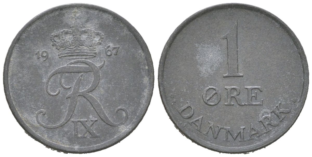 Дания 1 эре 1967 C; S, Фредерик IX (1947-1972) KM 839.2 цинк 3955-423