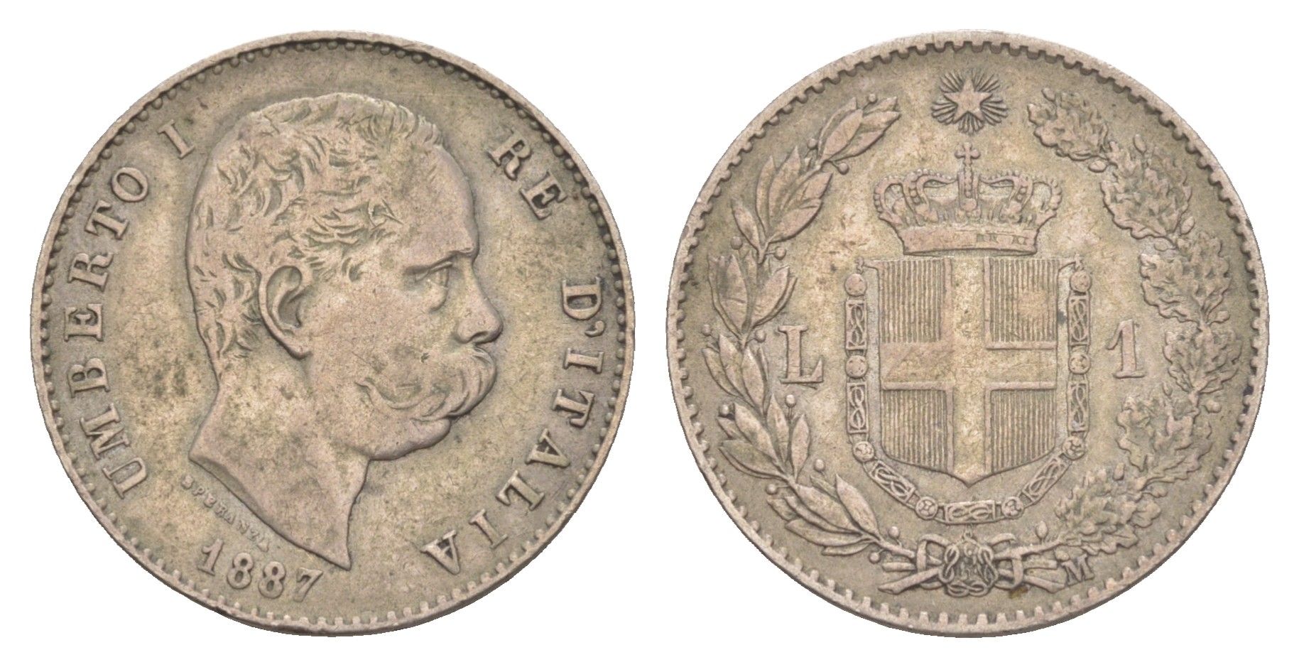 Италия 1 лира 1887 M, Умберто I (1878-1900) KM 24 серебро 272-323