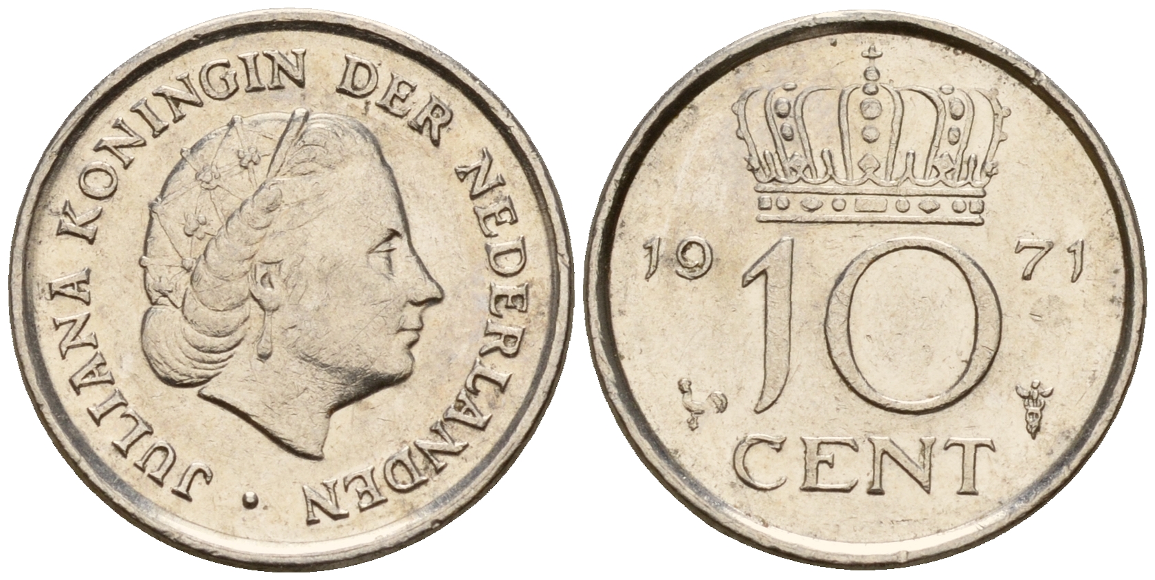 Нидерланды 10 центов 1971 Юлиана (1948-1980) KM 182 никель 4598-313