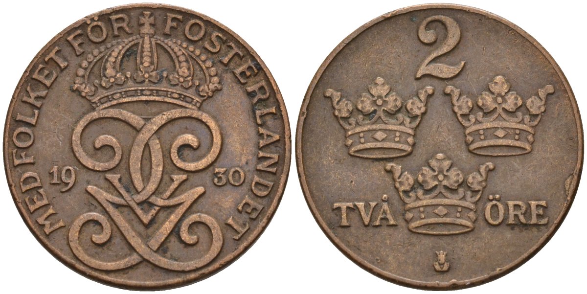 Швеция 2 эре 1930 Густав V (1907-1950) KM 778 бронза 4147-544