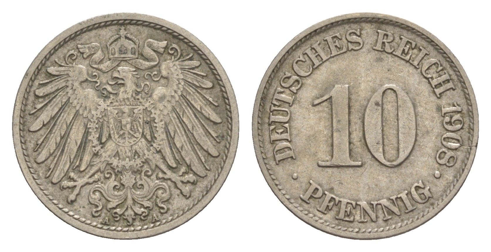 Германия 10 пфеннигов 1908 A, Вильгельм II (1888-1918) KM 12, J. 13 медно-никель 4644-1166